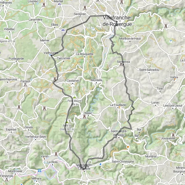 Karttaminiaatyyri "Keski-Ranskankorven kierros" pyöräilyinspiraatiosta alueella Midi-Pyrénées, France. Luotu Tarmacs.app pyöräilyreittisuunnittelijalla