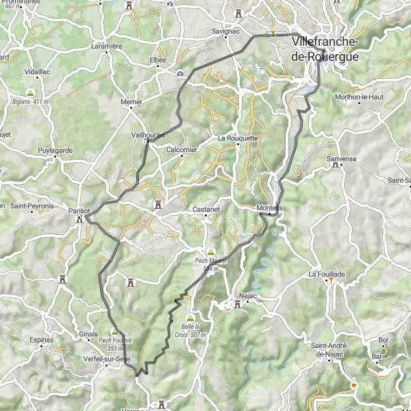 Miniatuurkaart van de fietsinspiratie "Scenic route met uitzicht op Belvédère" in Midi-Pyrénées, France. Gemaakt door de Tarmacs.app fietsrouteplanner