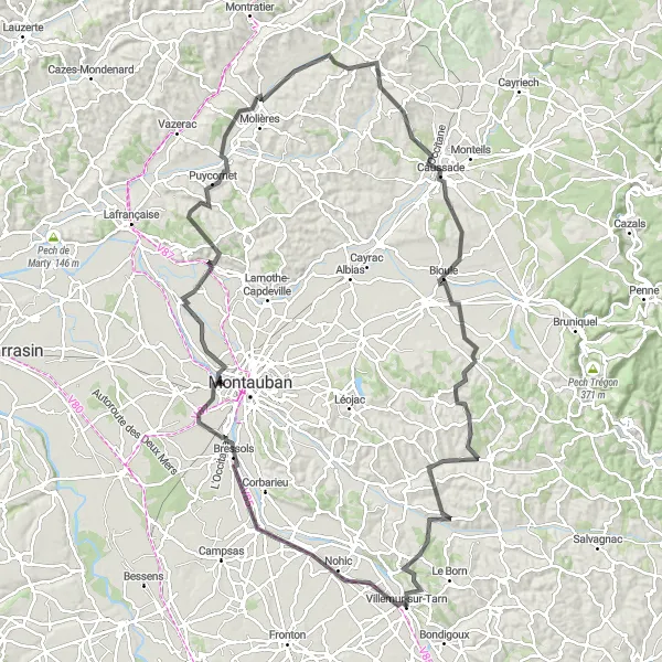 Zemljevid v pomanjšavi "Razburljiva cestna tura po okolici Villemur-sur-Tarn" kolesarske inspiracije v Midi-Pyrénées, France. Generirano z načrtovalcem kolesarskih poti Tarmacs.app