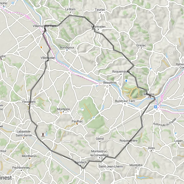 Zemljevid v pomanjšavi "Čarobna pot skozi podeželske vasi" kolesarske inspiracije v Midi-Pyrénées, France. Generirano z načrtovalcem kolesarskih poti Tarmacs.app