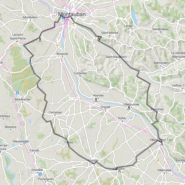 Miniature de la carte de l'inspiration cycliste "Les Vignobles de Fronton" dans la Midi-Pyrénées, France. Générée par le planificateur d'itinéraire cycliste Tarmacs.app
