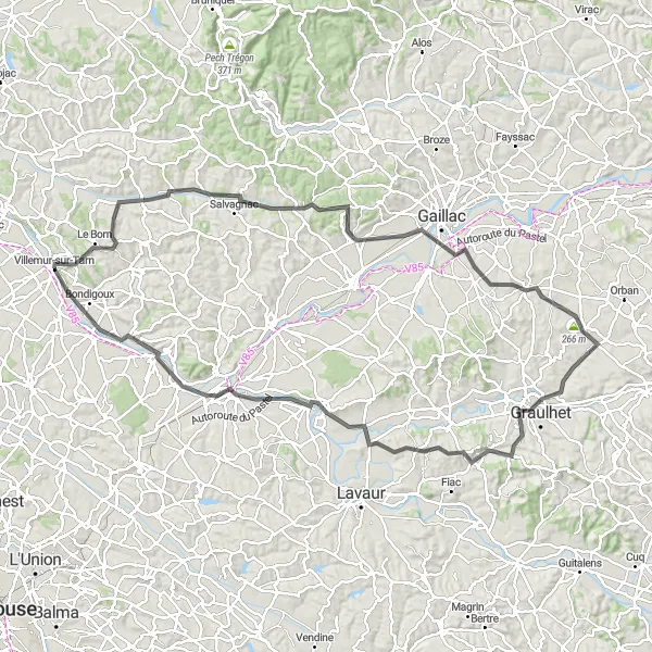 Miniature de la carte de l'inspiration cycliste "Tour des châteaux du Tarn" dans la Midi-Pyrénées, France. Générée par le planificateur d'itinéraire cycliste Tarmacs.app