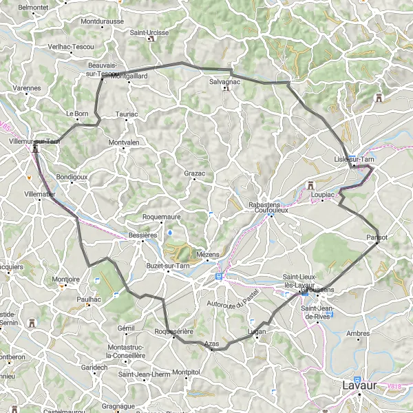 Zemljevid v pomanjšavi "Villemur-sur-Tarn do Roquesérière" kolesarske inspiracije v Midi-Pyrénées, France. Generirano z načrtovalcem kolesarskih poti Tarmacs.app