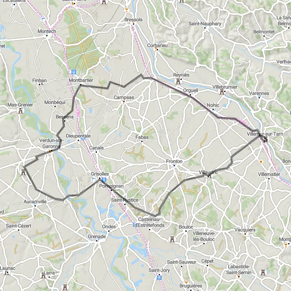 Miniaturní mapa "Cyklistická trasa s výhledy u Villemur-sur-Tarn (68 km)" inspirace pro cyklisty v oblasti Midi-Pyrénées, France. Vytvořeno pomocí plánovače tras Tarmacs.app