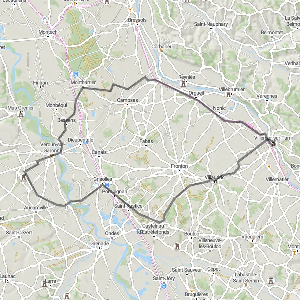 Karttaminiaatyyri "Villemur-sur-Tarn - Villaudric - Saint-Rustice - Savenès - Bessens - Labastide-Saint-Pierre - Villemur-sur-Tarn" pyöräilyinspiraatiosta alueella Midi-Pyrénées, France. Luotu Tarmacs.app pyöräilyreittisuunnittelijalla