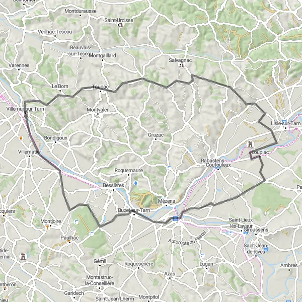 Miniaturní mapa "Okruhová cyklistická trasa z Villemur-sur-Tarn" inspirace pro cyklisty v oblasti Midi-Pyrénées, France. Vytvořeno pomocí plánovače tras Tarmacs.app