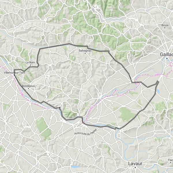 Zemljevid v pomanjšavi "Villemur-sur-Tarn do Lisle-sur-Tarn in nazaj" kolesarske inspiracije v Midi-Pyrénées, France. Generirano z načrtovalcem kolesarskih poti Tarmacs.app