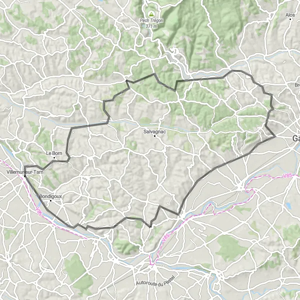 Miniaturní mapa "Jízda kolem Castelnau-de-Montmiral" inspirace pro cyklisty v oblasti Midi-Pyrénées, France. Vytvořeno pomocí plánovače tras Tarmacs.app