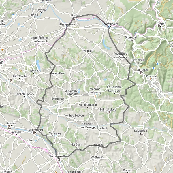 Mapa miniatúra "Náročný cyklistický okruh cez Montricoux" cyklistická inšpirácia v Midi-Pyrénées, France. Vygenerované cyklistickým plánovačom trás Tarmacs.app