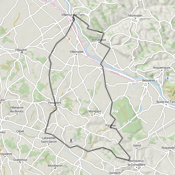 Miniaturní mapa "Okružní cyklistická trasa od Villemur-sur-Tarn (48 km)" inspirace pro cyklisty v oblasti Midi-Pyrénées, France. Vytvořeno pomocí plánovače tras Tarmacs.app