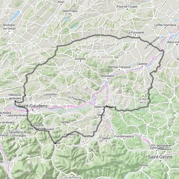 Miniaturekort af cykelinspirationen "Villeneuve-de-Rivière Loop via Saint-Marcet og Marsoulas" i Midi-Pyrénées, France. Genereret af Tarmacs.app cykelruteplanlægger