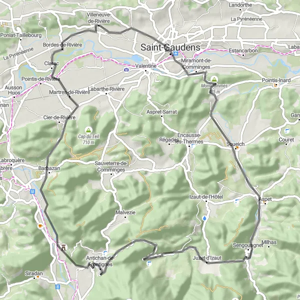 Mapa miniatúra "Pokojná cyklotrasa v okolí Villeneuve-de-Rivière" cyklistická inšpirácia v Midi-Pyrénées, France. Vygenerované cyklistickým plánovačom trás Tarmacs.app