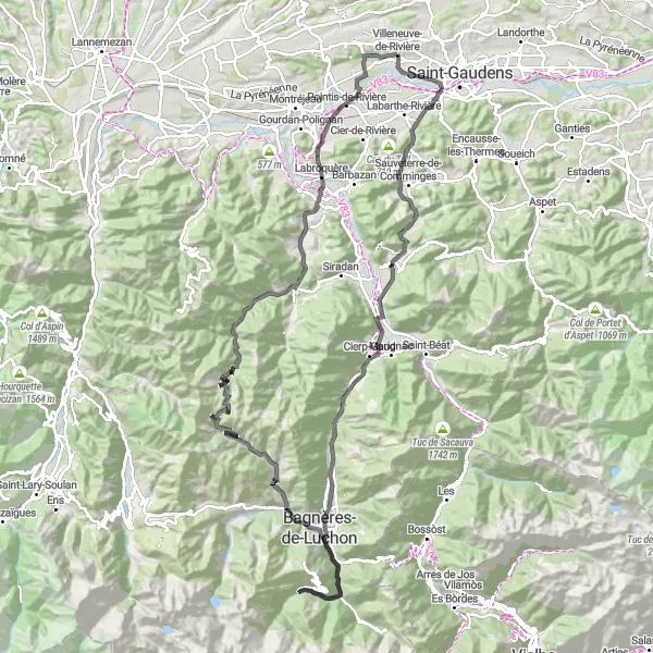 Kartminiatyr av "Villeneuve-de-Rivière til Ausson sykkeltur" sykkelinspirasjon i Midi-Pyrénées, France. Generert av Tarmacs.app sykkelrutoplanlegger