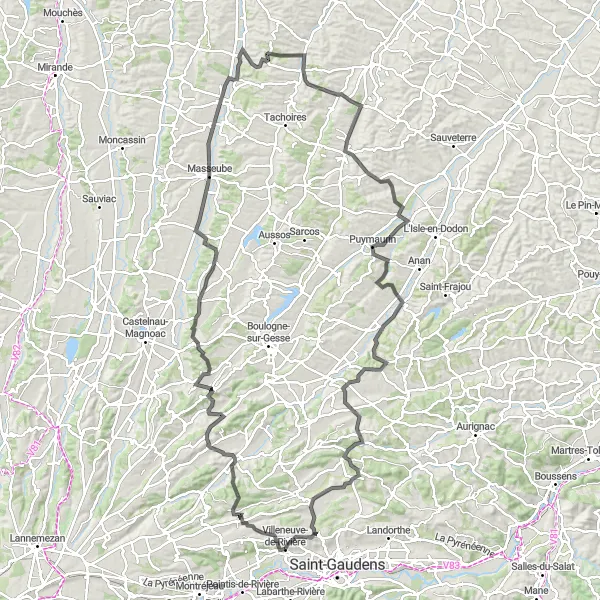 Zemljevid v pomanjšavi "Cestno kolesarjenje okoli Villeneuve-de-Rivière" kolesarske inspiracije v Midi-Pyrénées, France. Generirano z načrtovalcem kolesarskih poti Tarmacs.app