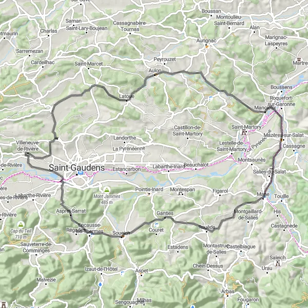 Miniaturekort af cykelinspirationen "Scenic Road Cycling Loop from Villeneuve-de-Rivière" i Midi-Pyrénées, France. Genereret af Tarmacs.app cykelruteplanlægger