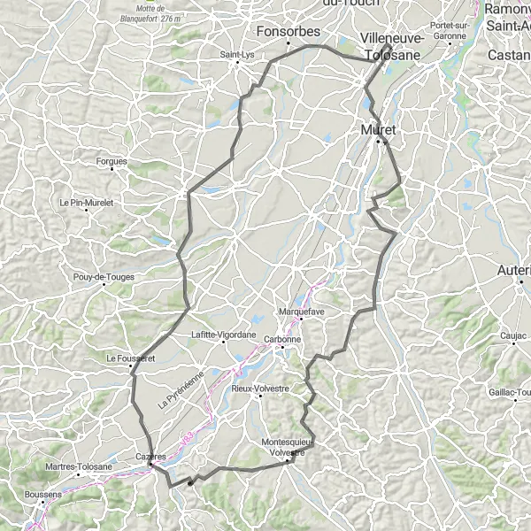 Miniatua del mapa de inspiración ciclista "Ruta de 120 km en carretera desde Villeneuve-Tolosane" en Midi-Pyrénées, France. Generado por Tarmacs.app planificador de rutas ciclistas