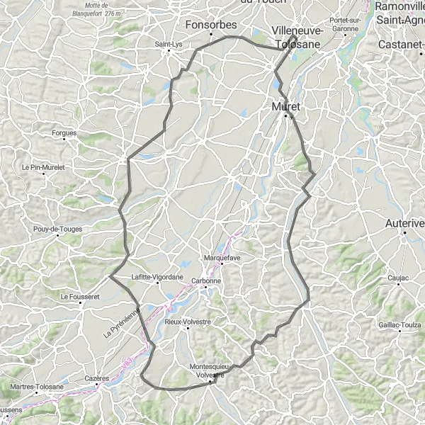 Miniature de la carte de l'inspiration cycliste "Parcours de 112 km vers Saint-Julien-sur-Garonne" dans la Midi-Pyrénées, France. Générée par le planificateur d'itinéraire cycliste Tarmacs.app