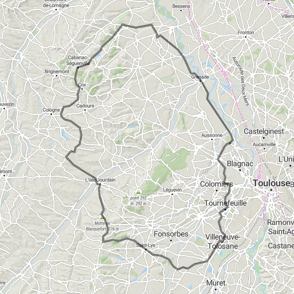 Miniature de la carte de l'inspiration cycliste "Le Tour du Gers en Gironde" dans la Midi-Pyrénées, France. Générée par le planificateur d'itinéraire cycliste Tarmacs.app