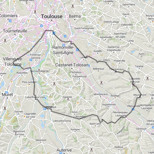 Mapa miniatúra "Cestný okruh cez Escalquens a Venerque" cyklistická inšpirácia v Midi-Pyrénées, France. Vygenerované cyklistickým plánovačom trás Tarmacs.app