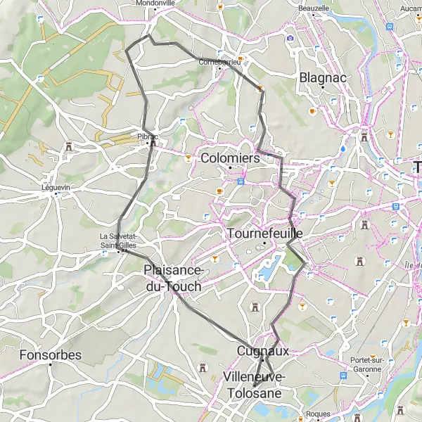 Mapa miniatúra "Trasa cez Cugnaux a Pibrac" cyklistická inšpirácia v Midi-Pyrénées, France. Vygenerované cyklistickým plánovačom trás Tarmacs.app