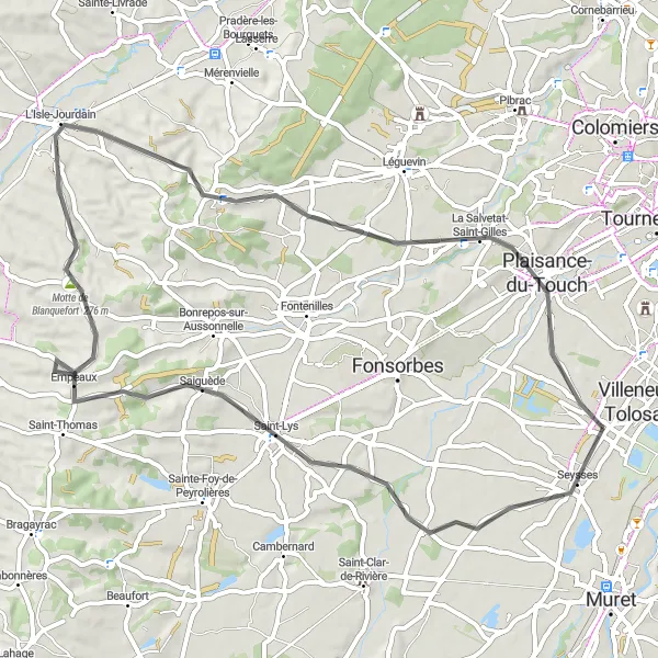 Miniatua del mapa de inspiración ciclista "Ruta de 63 km en carretera desde Villeneuve-Tolosane" en Midi-Pyrénées, France. Generado por Tarmacs.app planificador de rutas ciclistas