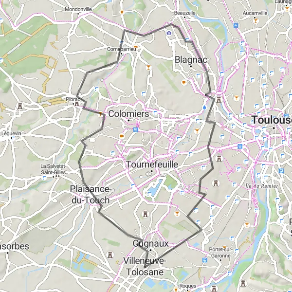 Map miniature of "Exploring the Outskirts" cycling inspiration in Midi-Pyrénées, France. Generated by Tarmacs.app cycling route planner