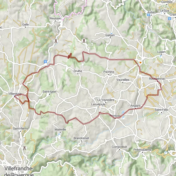 Miniatua del mapa de inspiración ciclista "Ruta gravel de Salles-Courbatiès a Villeneuve" en Midi-Pyrénées, France. Generado por Tarmacs.app planificador de rutas ciclistas