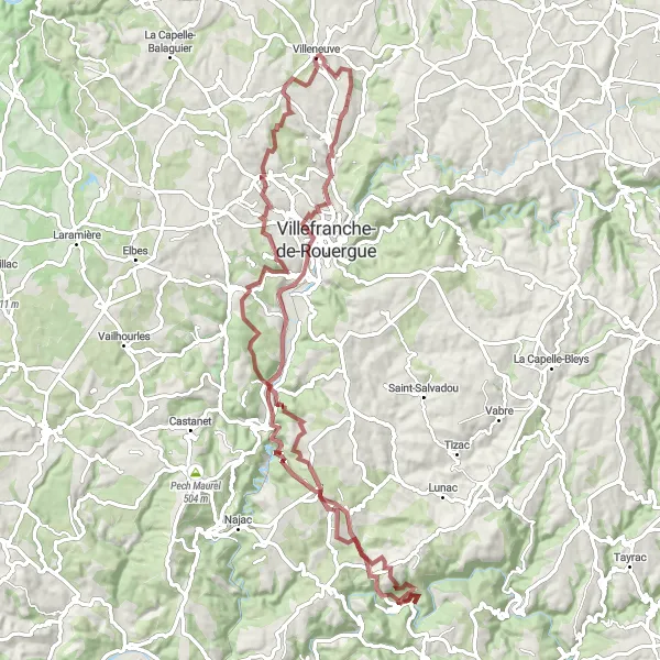 Miniaturekort af cykelinspirationen "Gruscykelrute til Villeneuve via Les Cambous og Château de Graves" i Midi-Pyrénées, France. Genereret af Tarmacs.app cykelruteplanlægger