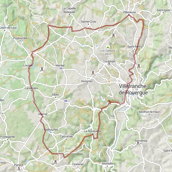 Map miniature of "The Gravel Adventure" cycling inspiration in Midi-Pyrénées, France. Generated by Tarmacs.app cycling route planner