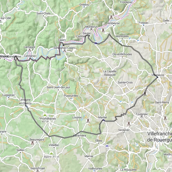 Miniature de la carte de l'inspiration cycliste "Parcours Les Cambous - Saujac" dans la Midi-Pyrénées, France. Générée par le planificateur d'itinéraire cycliste Tarmacs.app