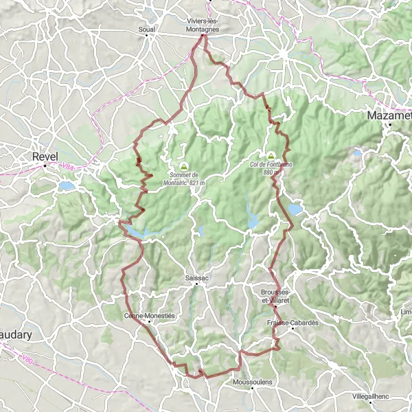 Miniatuurkaart van de fietsinspiratie "Gravel avontuur rond Viviers-lès-Montagnes" in Midi-Pyrénées, France. Gemaakt door de Tarmacs.app fietsrouteplanner