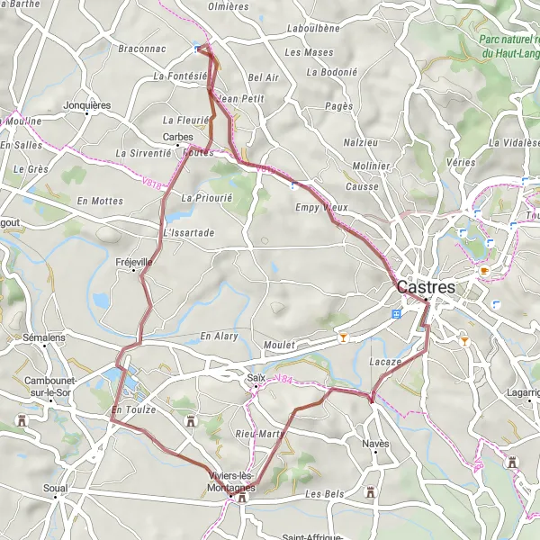 Miniatua del mapa de inspiración ciclista "Ruta de grava alrededor de Viviers-lès-Montagnes" en Midi-Pyrénées, France. Generado por Tarmacs.app planificador de rutas ciclistas