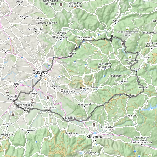 Miniatua del mapa de inspiración ciclista "Desafío en carretera desde Viviers-lès-Montagnes" en Midi-Pyrénées, France. Generado por Tarmacs.app planificador de rutas ciclistas