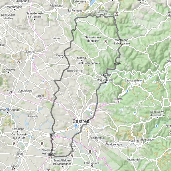 Miniature de la carte de l'inspiration cycliste "Parcours du Château de Viviers-lès-Montagnes" dans la Midi-Pyrénées, France. Générée par le planificateur d'itinéraire cycliste Tarmacs.app