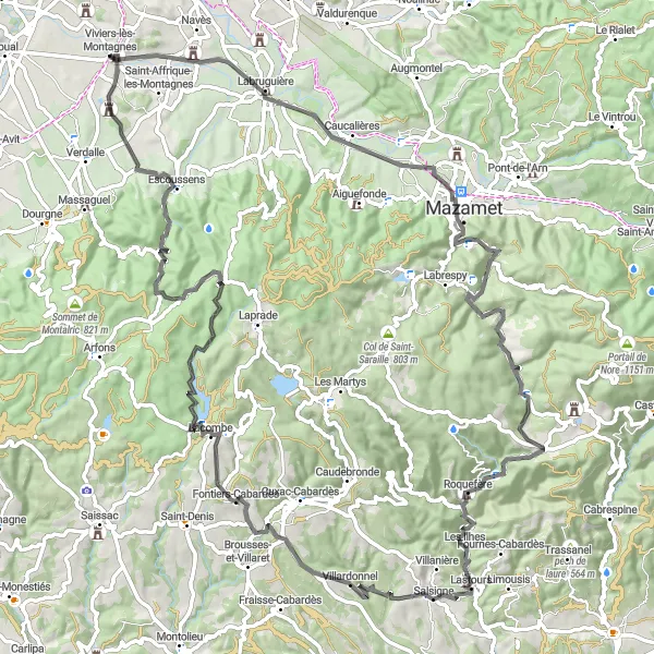 Map miniature of "The Twists and Turns of Montagnes" cycling inspiration in Midi-Pyrénées, France. Generated by Tarmacs.app cycling route planner