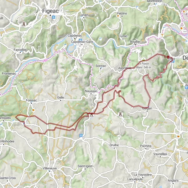 Miniaturekort af cykelinspirationen "Grusvej cykelrute fra Viviez" i Midi-Pyrénées, France. Genereret af Tarmacs.app cykelruteplanlægger