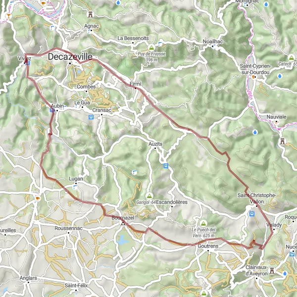 Map miniature of "The Valady Gravel Adventure" cycling inspiration in Midi-Pyrénées, France. Generated by Tarmacs.app cycling route planner