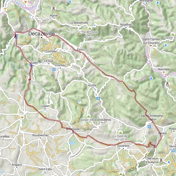 Miniaturekort af cykelinspirationen "Grusvej cykelrute fra Viviez" i Midi-Pyrénées, France. Genereret af Tarmacs.app cykelruteplanlægger