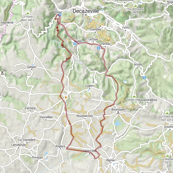 Kartminiatyr av "Natursköna vyer och historiska slott" cykelinspiration i Midi-Pyrénées, France. Genererad av Tarmacs.app cykelruttplanerare