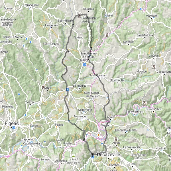 Miniature de la carte de l'inspiration cycliste "Escapade à travers l'Aveyron" dans la Midi-Pyrénées, France. Générée par le planificateur d'itinéraire cycliste Tarmacs.app