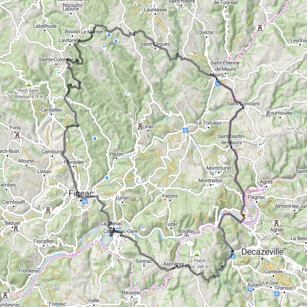 Map miniature of "Road Route to Pierrefiche" cycling inspiration in Midi-Pyrénées, France. Generated by Tarmacs.app cycling route planner
