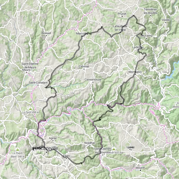 Miniature de la carte de l'inspiration cycliste "Bike Tour du Cantal" dans la Midi-Pyrénées, France. Générée par le planificateur d'itinéraire cycliste Tarmacs.app