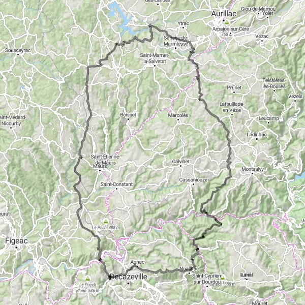 Mapa miniatúra "Viviez - Bel-air - Bagnac-sur-Célé - Parlan - Pers - Labesserette - Vieillevie - Conques - Croix du Pargadou - Decazeville - Puech de Liergues (146km)" cyklistická inšpirácia v Midi-Pyrénées, France. Vygenerované cyklistickým plánovačom trás Tarmacs.app