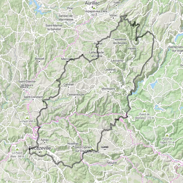 Zemljevid v pomanjšavi "Epska kolesarska avantura v Midi-Pyrenees" kolesarske inspiracije v Midi-Pyrénées, France. Generirano z načrtovalcem kolesarskih poti Tarmacs.app