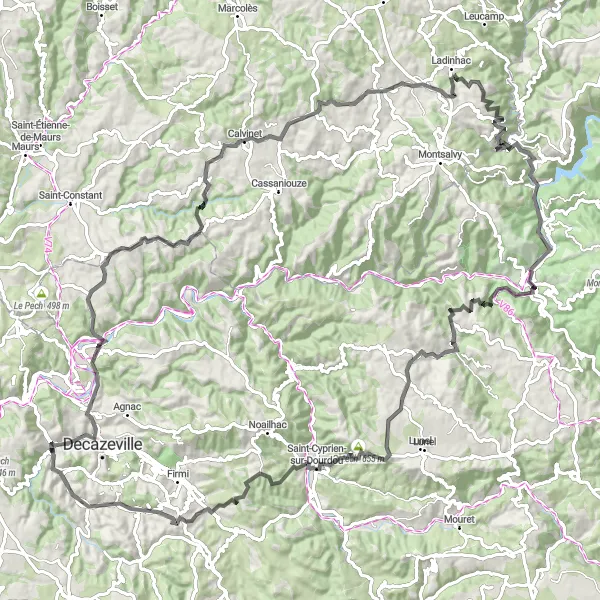 Miniature de la carte de l'inspiration cycliste "Les Collines du Lot" dans la Midi-Pyrénées, France. Générée par le planificateur d'itinéraire cycliste Tarmacs.app