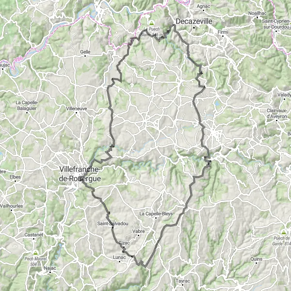 Mapa miniatúra "Viviez - Roussennac - Rieupeyroux - Saint-Salvadou - Morlhon-le-Haut - Plage - Saint-Igest - Asprières (120km)" cyklistická inšpirácia v Midi-Pyrénées, France. Vygenerované cyklistickým plánovačom trás Tarmacs.app