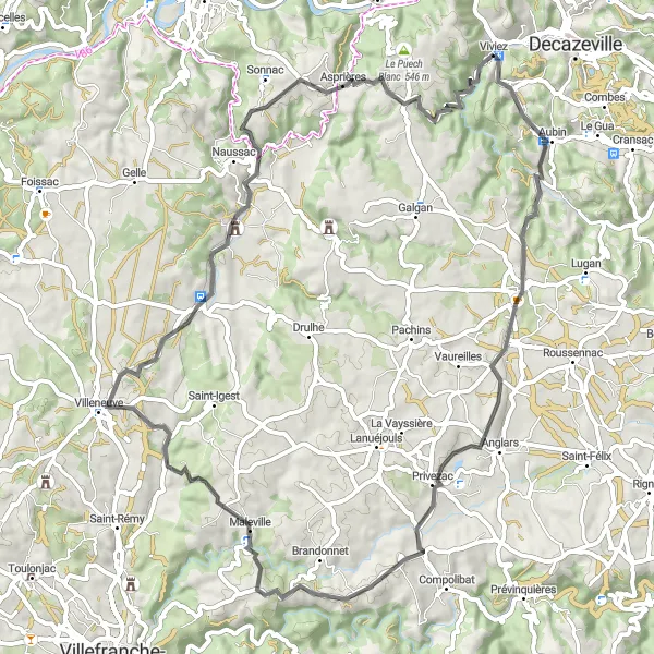 Map miniature of "Viviez Countryside Road Cycling Adventure" cycling inspiration in Midi-Pyrénées, France. Generated by Tarmacs.app cycling route planner