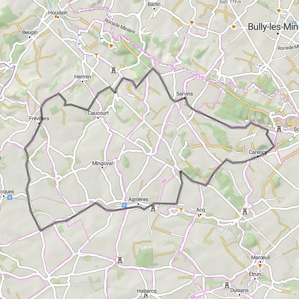 Map miniature of "The Rural Escape" cycling inspiration in Nord-Pas de Calais, France. Generated by Tarmacs.app cycling route planner