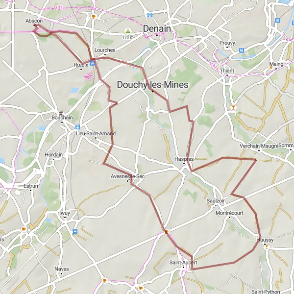 Map miniature of "The Mines and Moorlands" cycling inspiration in Nord-Pas de Calais, France. Generated by Tarmacs.app cycling route planner