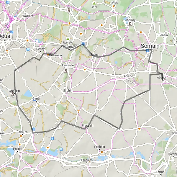 Miniature de la carte de l'inspiration cycliste "Scenic road journey to Somain" dans la Nord-Pas de Calais, France. Générée par le planificateur d'itinéraire cycliste Tarmacs.app